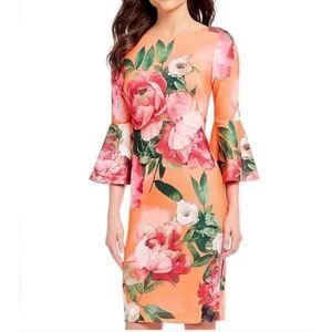 Calvin Klein Floral 3/4 Bell-Sleeve Tropical Multicolor Orange Dress Size 8